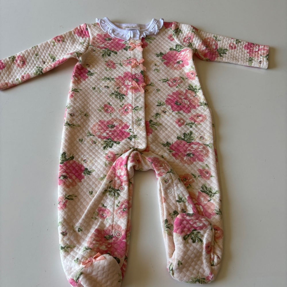 Laura Ashley 6-9 Months Baby Romper Pink Floral Quilted NWOT Footed Outfit